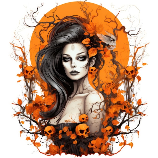 Portrait de sorcière illustration d'Halloween design d'horreur effrayant tatouage vecteur isolé autocollant fantaisie