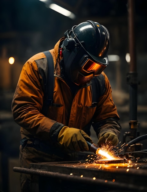 Photo portrait d'un soudeur travaillant dans une usine. il porte des vêtements de protection et un masque de soudage.