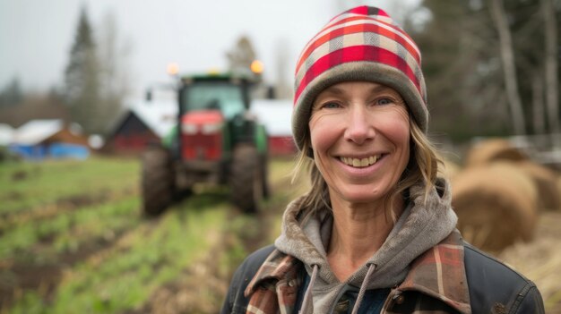 Photo portrait souriant d'une agricultrice d'âge moyen travaillant et vivant dans une ferme avec un tracteur dans le b