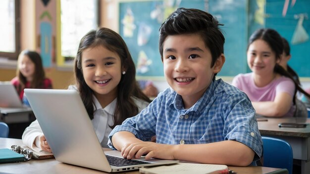 Portrait souriant d'un garçon utilisant un ordinateur portable assis avec une fille dans la salle de classe