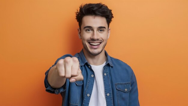 Portrait souriant d'un jeune homme pointant son doigt sur un fond orange