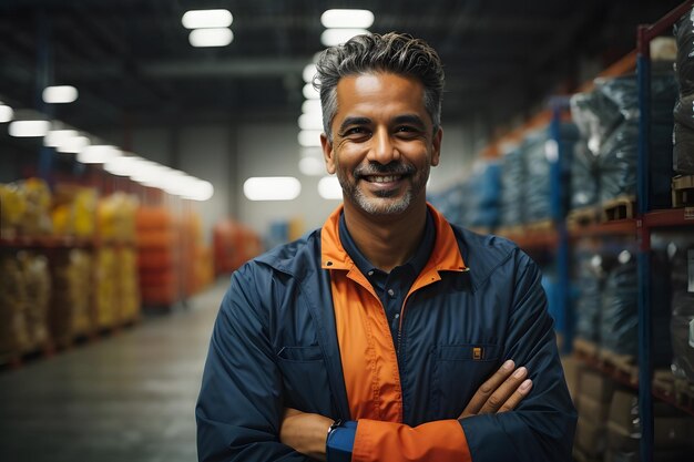 Photo portrait souriant d'un superviseur masculin debout dans l'entrepôt avec le bras croisé en regardant la caméra