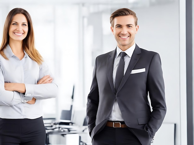 portrait, de, sourire, homme femme, à, bras croisés, debout, dans bureau, sourire, regarder, couple