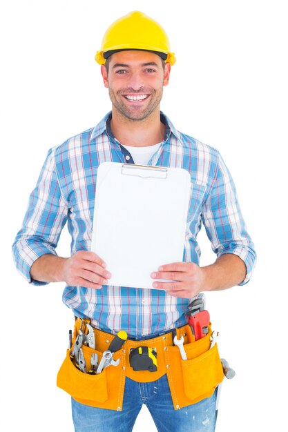 Portrait, de, sourire, ouvrier manuel, tenue, presse-papiers