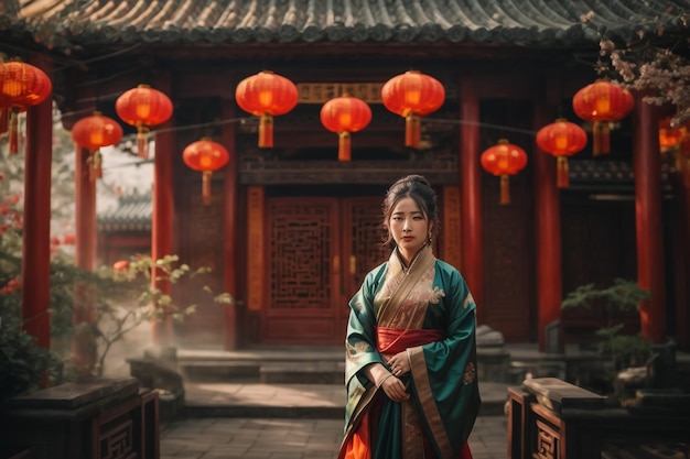 Portrait sourire petite fille asiatique mignonne portant des costumes chinois décoration pour la fête du Nouvel An chinois