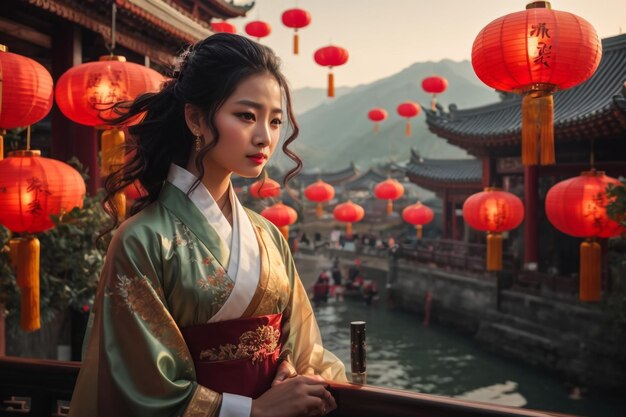 Portrait sourire petite fille asiatique mignonne portant des costumes chinois décoration pour la fête du Nouvel An chinois