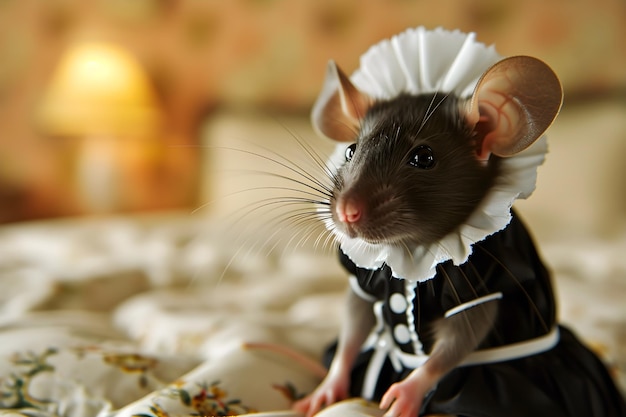 Un portrait d'une souris anthropomorphique portant un uniforme de femme de ménage