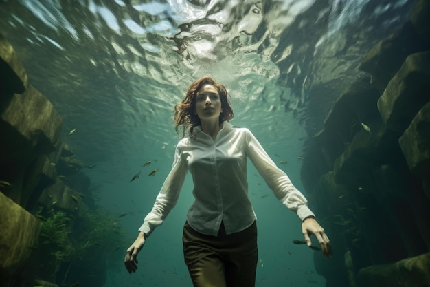 Un portrait sous-marin fascinant capturant une femme en tenue élégante le jeu doux de la lumière améliorant la beauté éthérée de la scène submergée