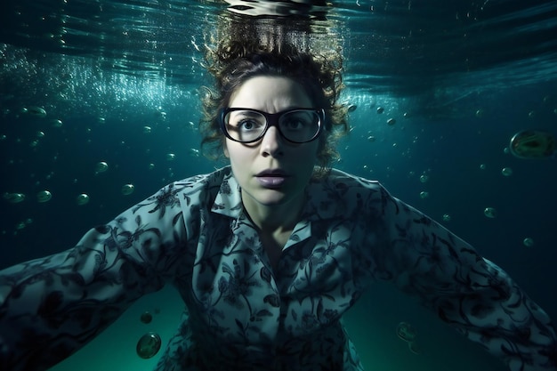 Portrait sous-marin d'une jeune femme en maillot de bain et lunettes