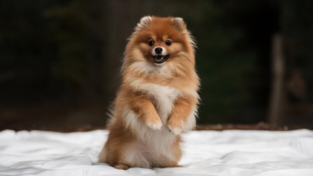 Photo portrait d'un spitz de poméranie rouge debout sur ses pattes arrière isolé sur fond blanc