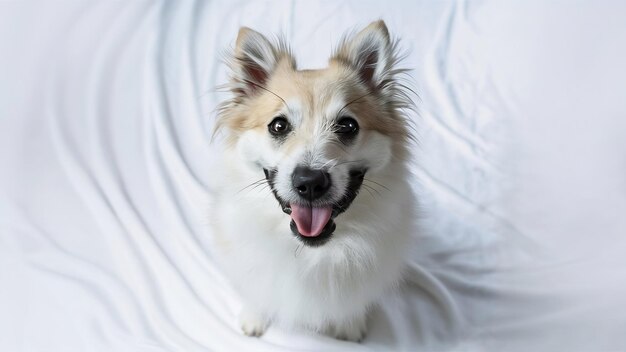 Portrait d'un spitz tendant la langue sur un fond blanc