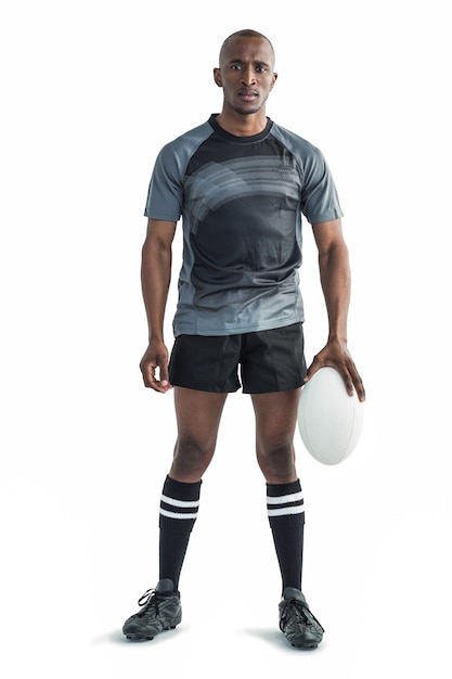Portrait, de, sportif, tenue, rugby, balle, quoique, debout, blanc, fond