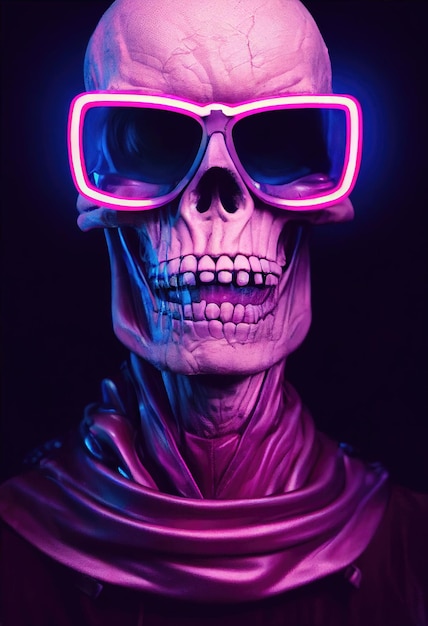 Photo portrait d'un squelette de zombie cyberpunk de l'enfer avec des lunettes de soleil fantaisie halloween concept