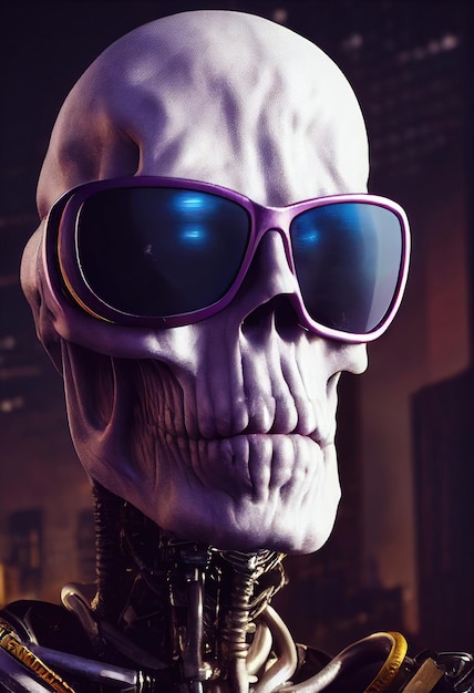 Photo portrait d'un squelette de zombie cyberpunk de l'enfer avec des lunettes de soleil fantaisie halloween concept