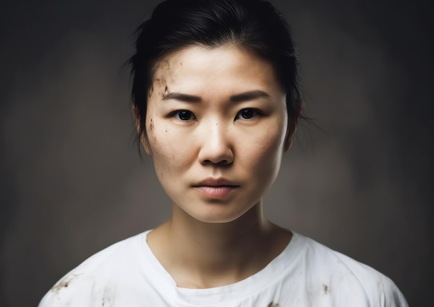 Portrait en studio d'une belle femme asiatique en t-shirt blanc et debout sur fond uni générant ai