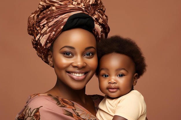 Photo portrait en studio d'une belle mère tenant son bébé souriant sur un fond de couleurs différentes