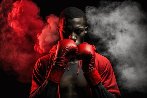 Portrait en studio d'un boxeur afro-américain avec des gants rouges fumés en arrière-plan et une lumière rouge sur fond noir