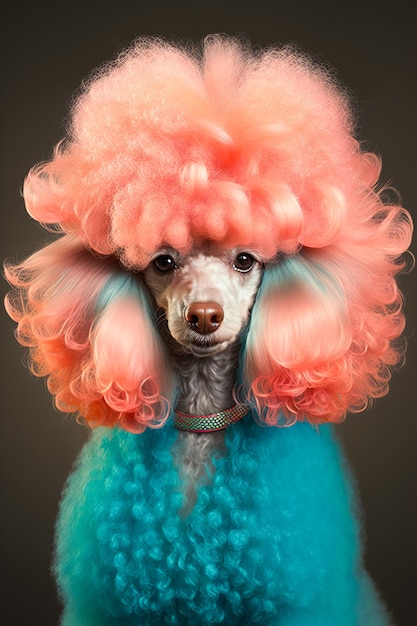 Portrait en studio d'un chien assis à un toiletteur de chien avec des cheveux teints en rose et bleu sur la tête