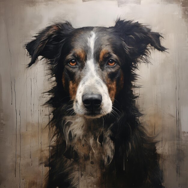 Portrait en studio d'un chien de race mixte brun, blanc et noir de taille moyenne