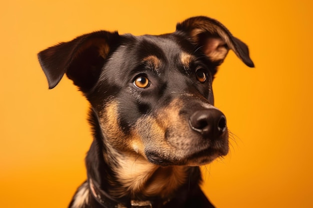 Portrait en studio d'un chien de sauvetage de race mixte inclinant la tête sur fond jaune