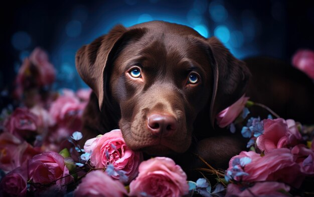 Photo portrait en studio d'un chiot de labrador au chocolat avec des fleurs roses