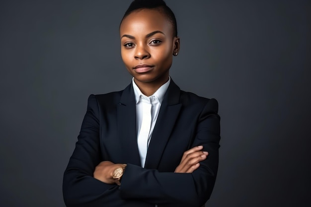 Portrait de studio d'entreprise de femme et bras croisés pour le succès de la vision et costume par fond blanc Chef d'entreprise exécutif de femme noire et professionnel isolé avec accent sur la motivation pour l'objectif