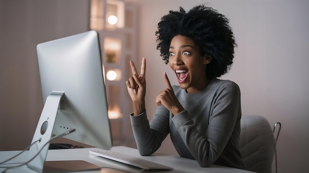 Portrait en studio d'une femme aux cheveux bouclés qui est excitée de trouver des informations utiles sur Internet via s