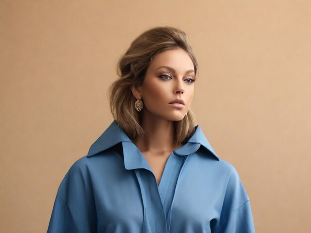 Portrait en studio d'une fille blonde dans un sweat-shirt bleu à la mode sur un fond beige