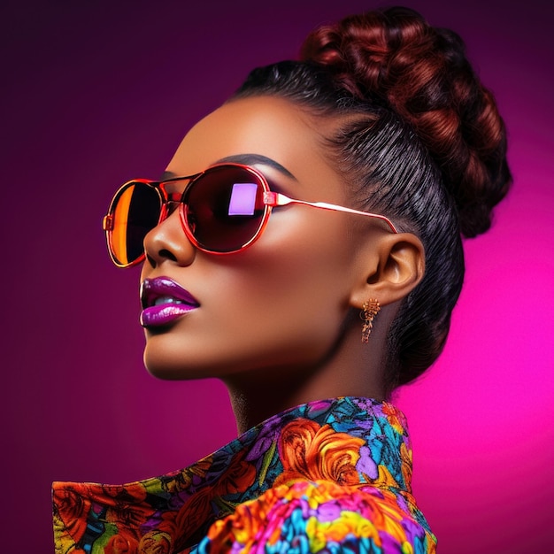 Portrait en studio de haute couture d'une jeune femme afro-américaine avec des lunettes de soleil