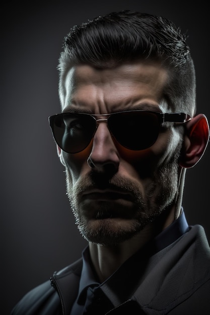 Portrait en studio d'un homme caucasien sérieux portant des lunettes de soleil Fond noir