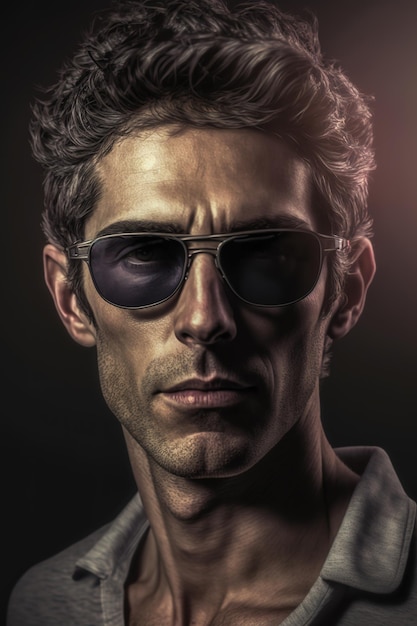 Portrait en studio d'un homme caucasien sérieux portant des lunettes de soleil Fond noir