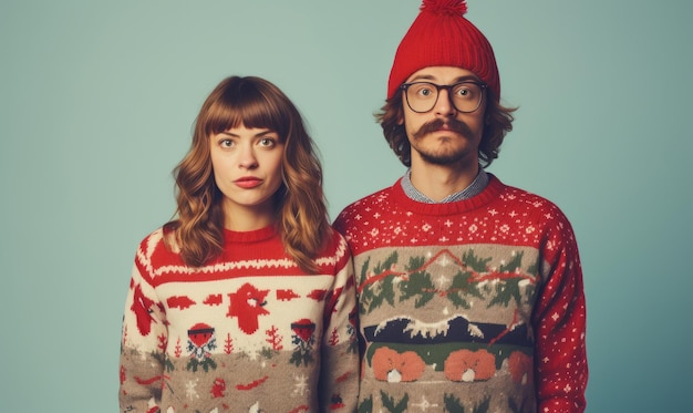 Portrait en studio d'un jeune couple à la mode portant des pulls laids de Noël festifs