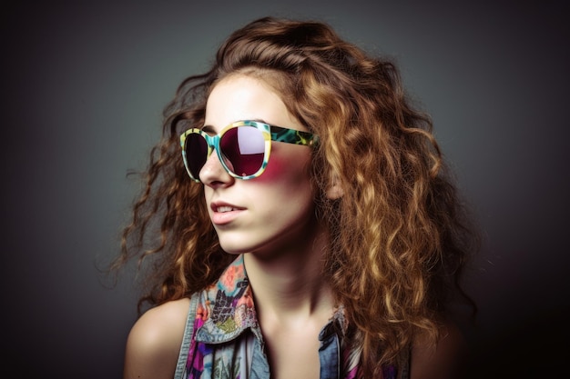 portrait en studio d'une jeune femme géniale portant des lunettes de soleil créées avec une IA générative