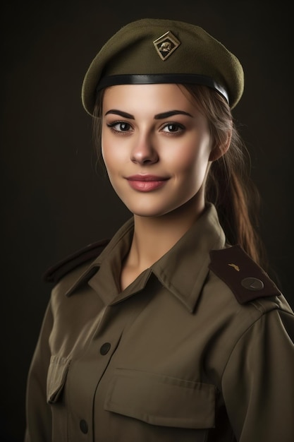 Portrait en studio d'une jeune femme soldat souriante en uniforme militaire sur un fond plat