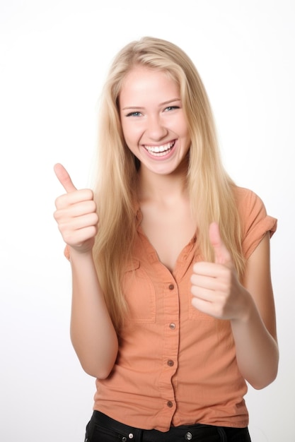 Portrait en studio d'une jeune femme souriante montrant les pouces vers le haut sur un fond blanc