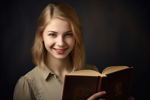 Portrait en studio d'une jeune femme tenant un livre ouvert et vous souriant créé avec une IA générative