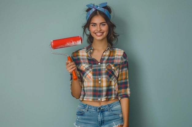 portrait en studio d'une jeune fille brune joyeuse avec un rouleau de peinture