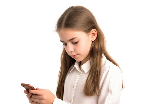 Portrait en studio d'une jeune fille utilisant son téléphone portable isolé sur blanc créé avec l'IA générative