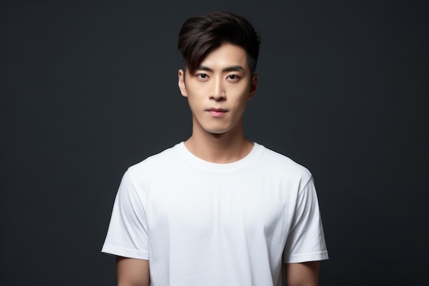Portrait de studio d'un jeune homme asiatique en T-shirt blanc sur un fond sombre