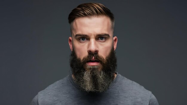 Photo portrait en studio d'un mâle brutal barbu isolé sur un fond gris