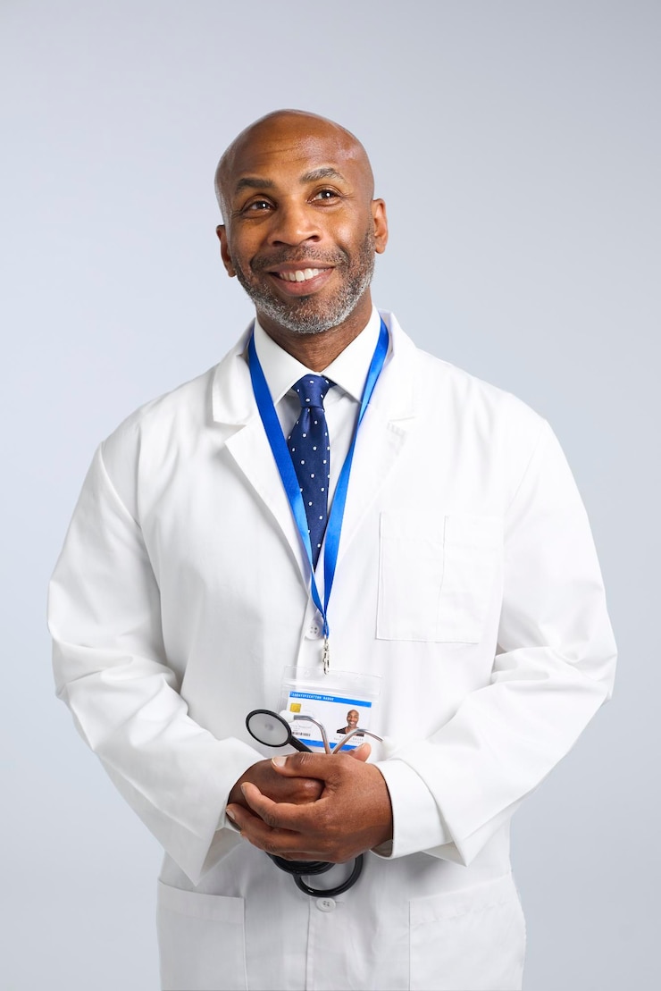 Photo portrait en studio d'un médecin mûr portant un manteau blanc écrivant sur le tableau du patient sur le bloc-notes