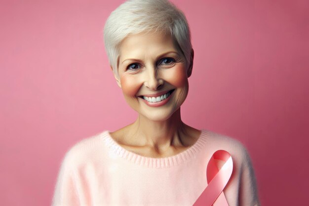 Portrait en studio d'un patient atteint de cancer heureux sur fond rose génératif ai