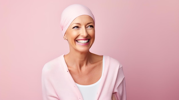 Portrait en studio d'un patient atteint de cancer heureux sur fond rose