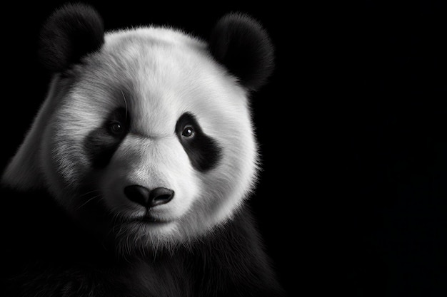 Portrait de studio photoréaliste en noir et blanc d'un panda sur fond noir