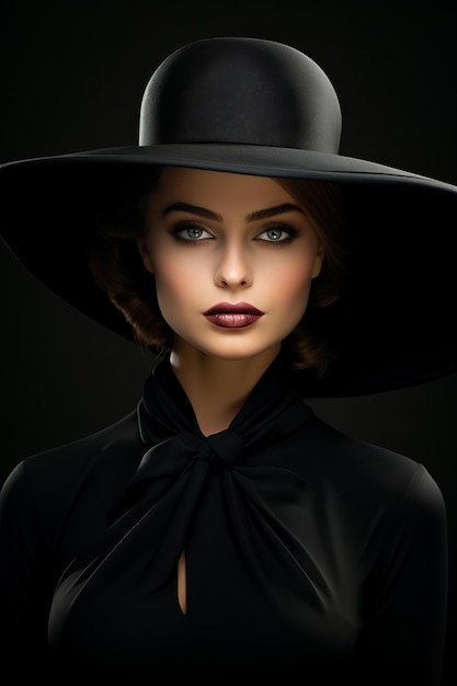 Portrait de studio sombre dramatique d'une jeune femme élégante et sexy dans un large chapeau noir et une robe noire