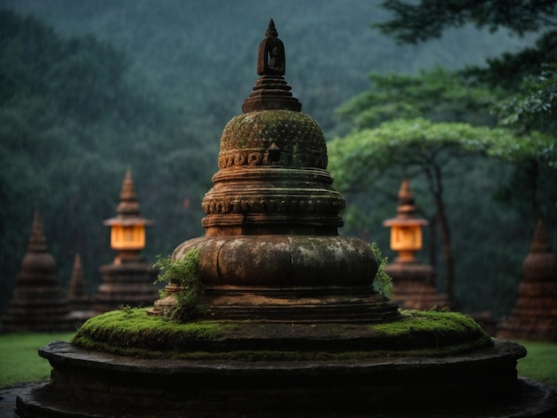 portrait d'un stupa de statue hindoue enduit pendant une nuit pluvieuse