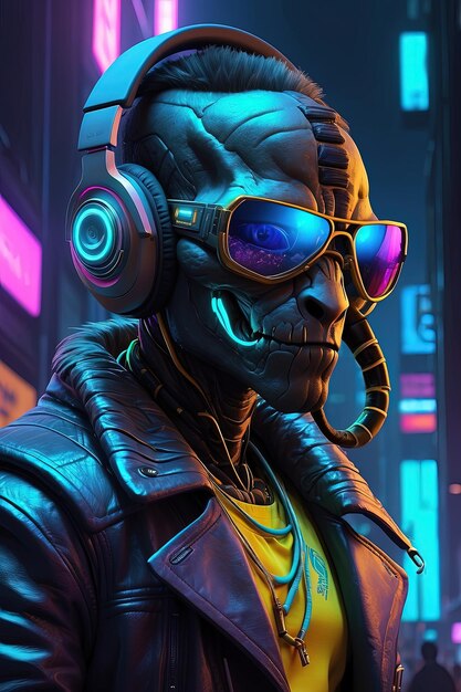 Portrait de style cyberpunk d'un robot extraterrestre portant des écouteurs et écoutant le discours d'Imran Khan