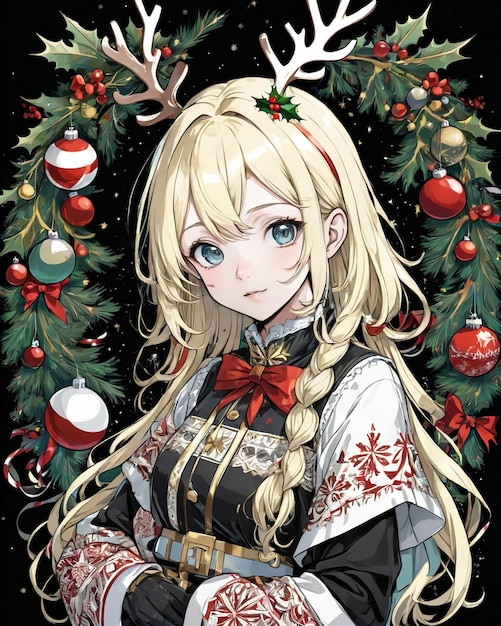 Portrait de style Noël de fille anime fond noir style vanille