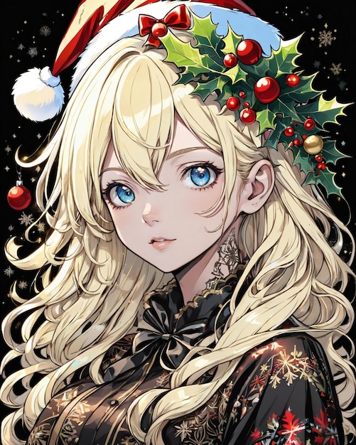 Portrait de style Noël de fille anime fond noir style vanille