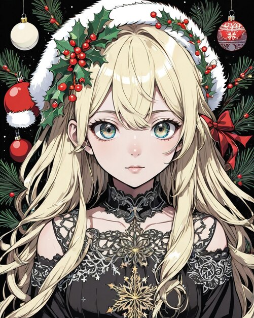 Portrait de style Noël de fille anime fond noir style vanille